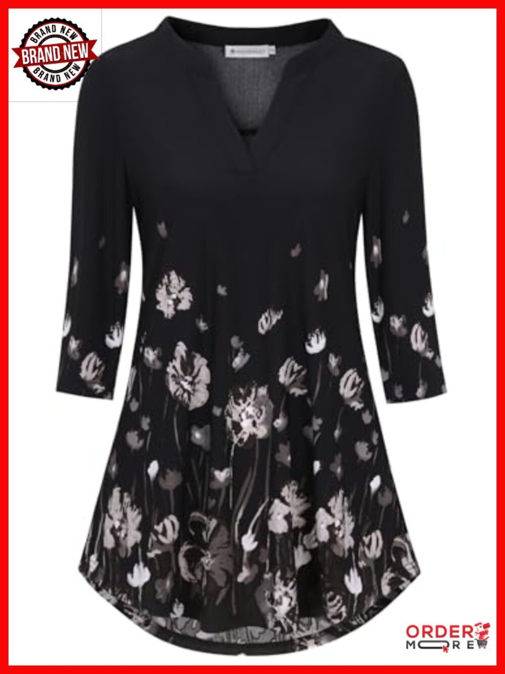 3/4 Sleeve V-Neck Tunic Top - Floral Dressy Casual Blouse